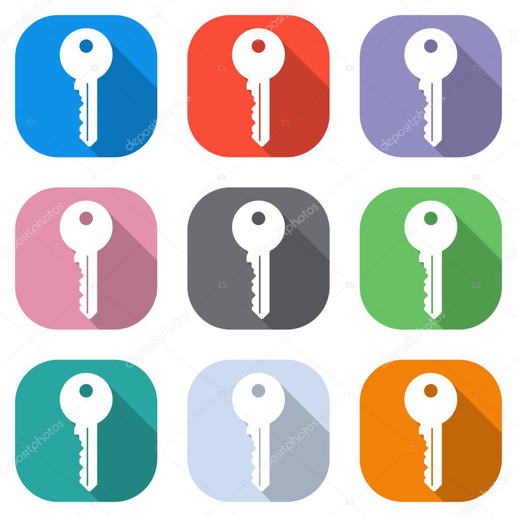 key icon. Set of white icons on colored squares for applications. Seamless and pattern for poster