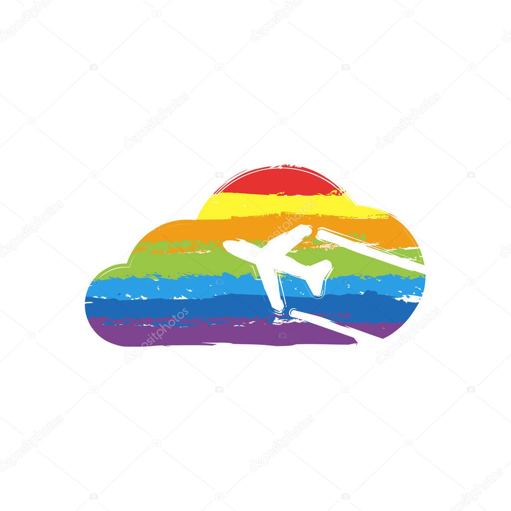 Plane and cloud. Simple icon. Logo. Drawing sign with LGBT style, seven colors of rainbow red, orange, yellow, green, blue, indigo, violet