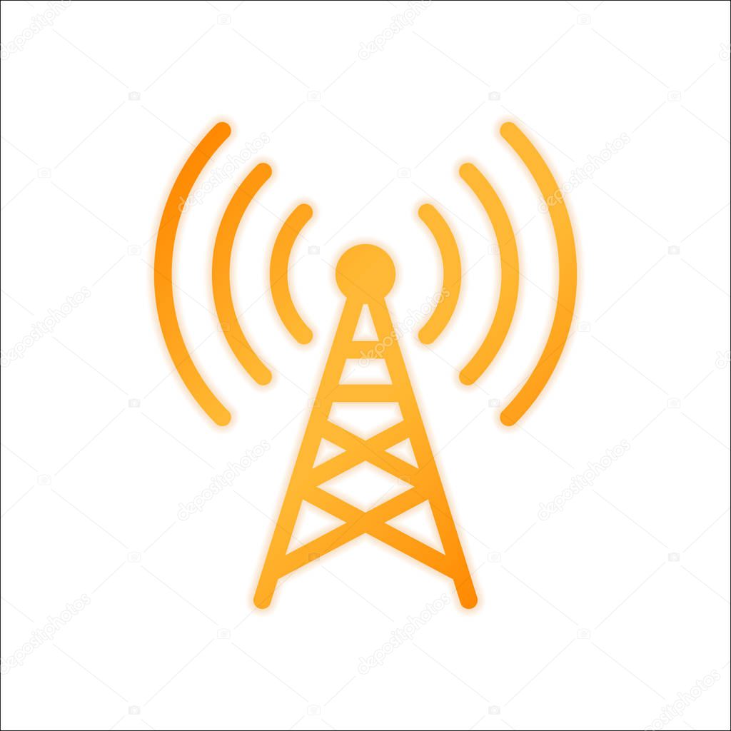 Radio tower icon. Linear style. Orange sign with low light on white background