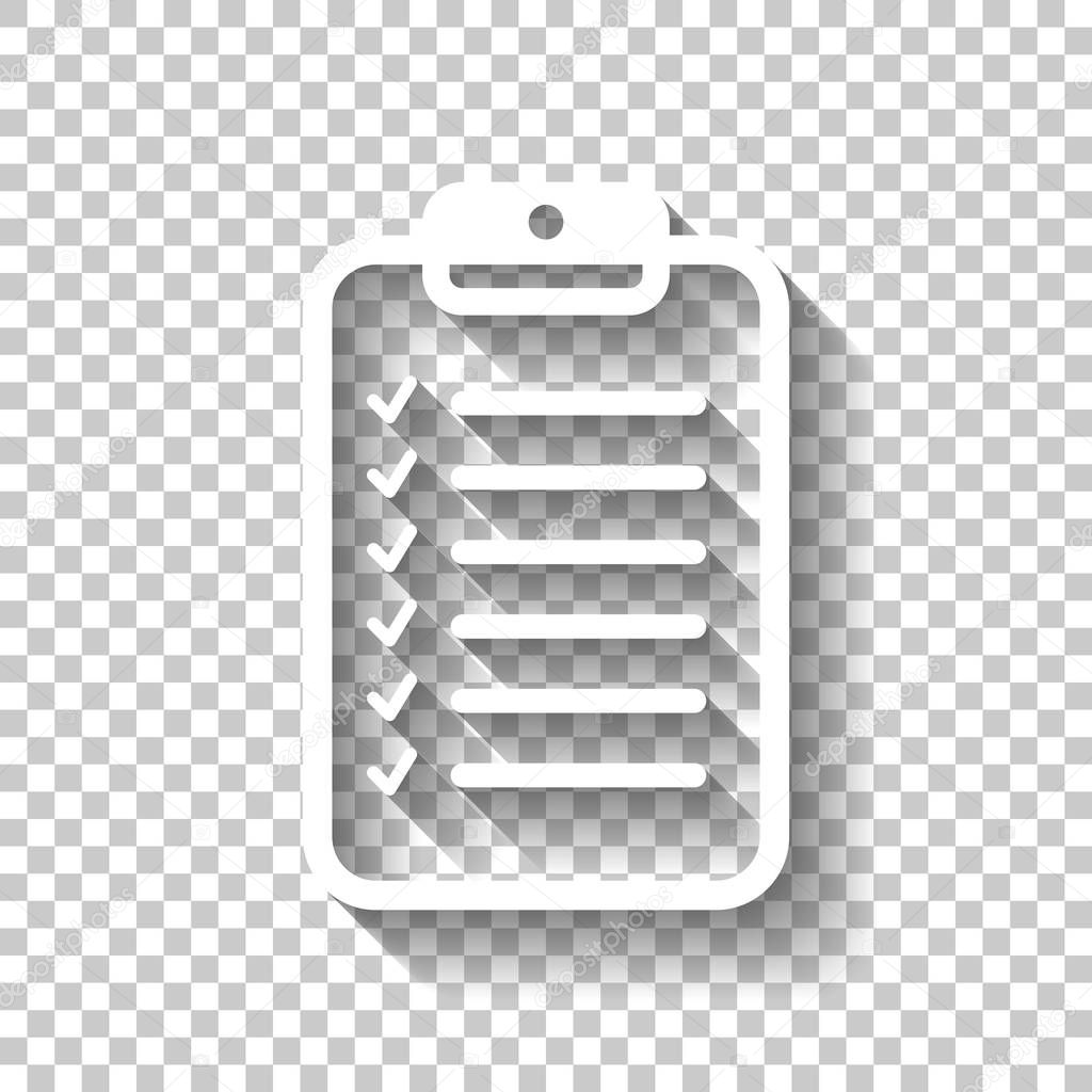 Tablet and paper, checklist with check marks. Linear, thin outline. White icon with shadow on transparent background