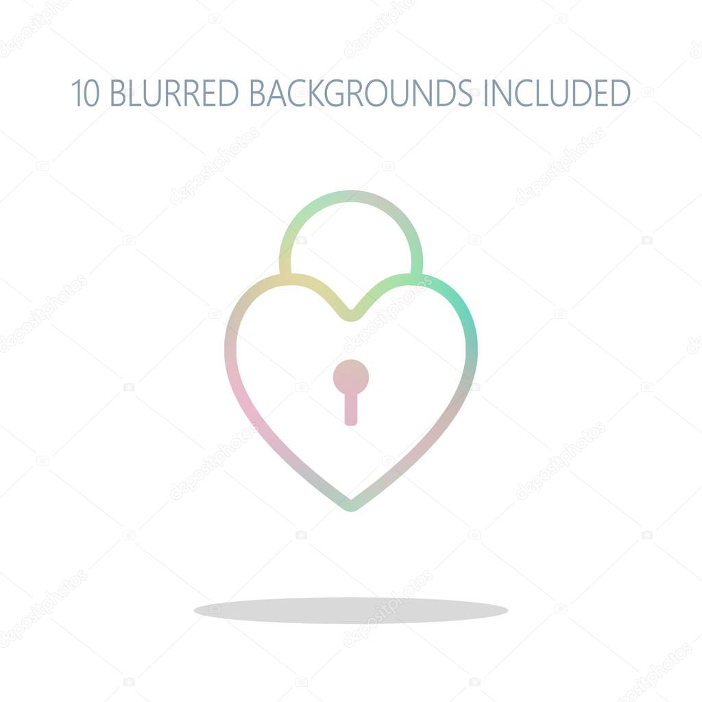 heart lock, padlock. simple silhouette. Colorful logo concept with simple shadow on white. 10 different blurred backgrounds included