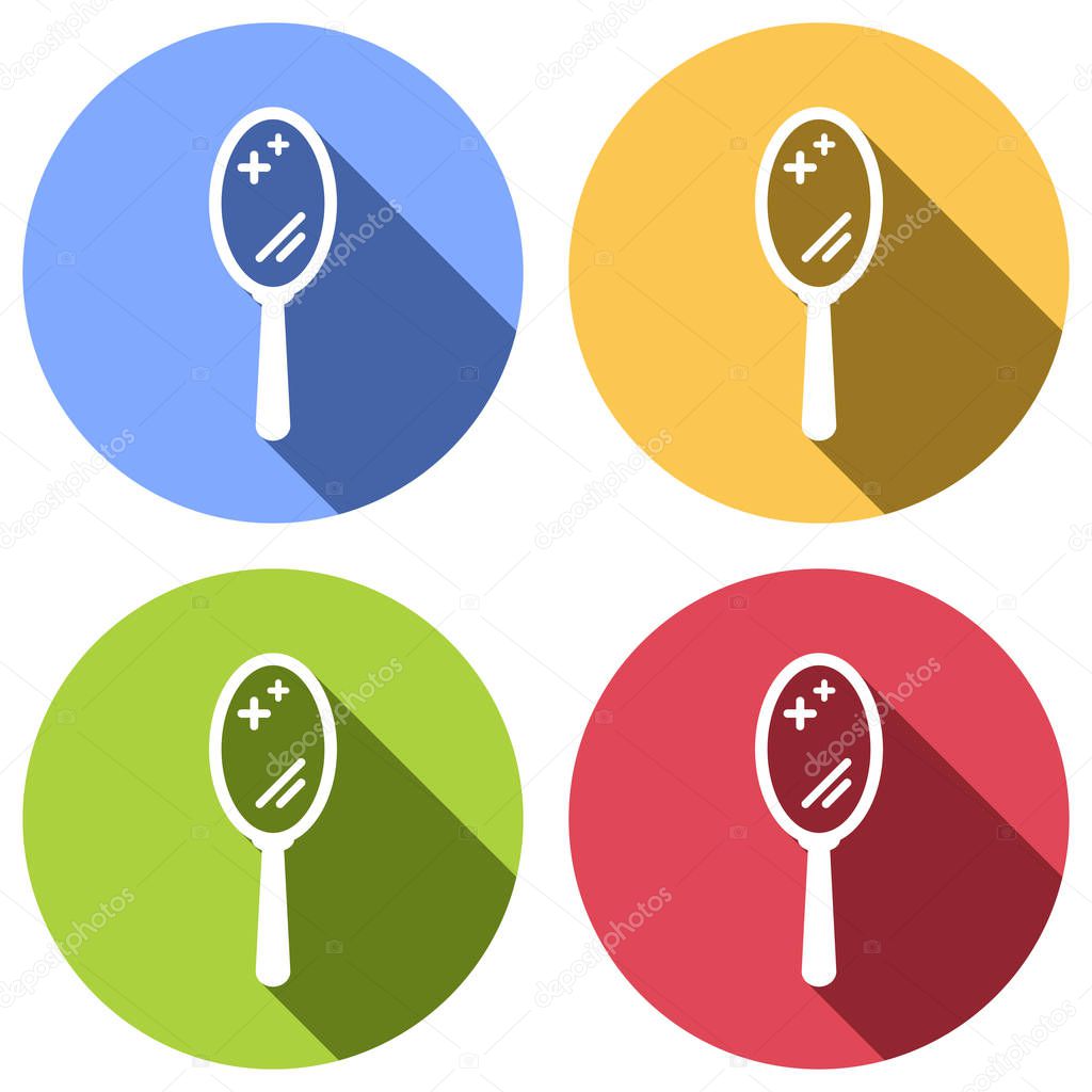 Simple hand mirror icon. Set of white icons with long shadow on blue, orange, green and red colored circles. Sticker style