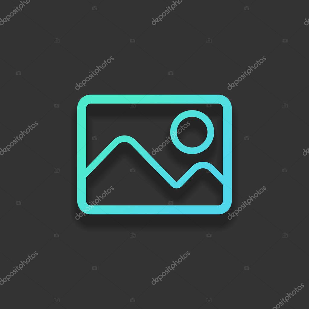 Picture with couple of mountains and sun. Simple linear icon. Colorful logo concept with soft shadow on dark background. Icon color of azure ocean
