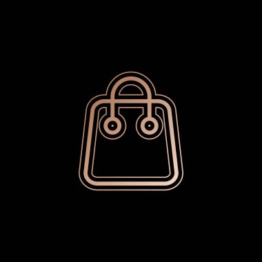 Alışveriş çantası simgesi. Doğrusal, ince anahat. Siyah zemin üzerine kırmızı altın tarzı