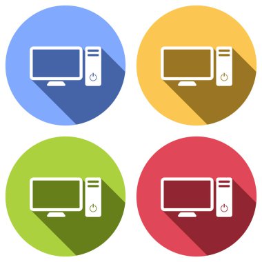 Kişisel bilgisayar, pc. Sistem birimi ve monitör. Mavi, turuncu, yeşil ve kırmızı renkli daireler uzun gölge ile beyaz simgeler kümesi. Etiket tarzı