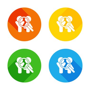 İnsan kaynakları. Arama teamgroup. Adam, kadın ve büyütme sembolleri. Renkli daireler arka plan düz beyaz simgesi. Dört farklı uzun gölgeler her köşe