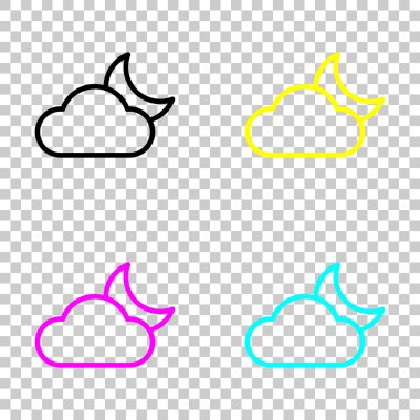 Geceleri çok bulutlu. İnce anahat ile basit doğrusal simgesi. Cmyk simgeleri şeffaf arka plan üzerinde renkli dizi