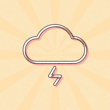 bulut ve yıldırım. basit anahat simgesi. Doğrusal sembolü ile ince anahat. Retro Vintage tipografi ofset baskı etkisi ile. Çizgi roman pop sanat arka plan ile nokta poster