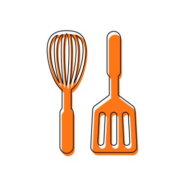 Mutfak Aracı simgesi. Çırpma teli ve spatula. İzole simge siyah ince dağılımı ve farklı katmanlarda doldurma taşındı turuncu oluşan. Beyaz arka plan