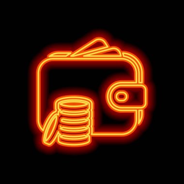 M-cüzdan ve madeni paralar, çanta para ile. Siyah arka plan üzerine portakal neon tarzı. Işık simgesi