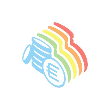 para sikke euro simgesi. Beyaz arka plan üzerinde renkli izometrik simgeler yığını