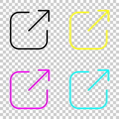 Paylaşımı, oturum kapatma veya karşıya yükleme. Çapraz ok Meydanı dışarı. Cmyk simgeleri şeffaf arka plan üzerinde renkli dizi