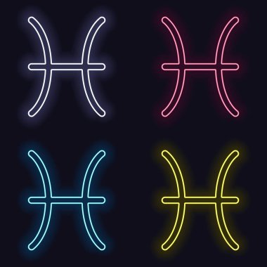 Astrolojik işaret. Balık basit simgesi. Neon işareti kümesi. Koyu arka plan üzerinde casino tarzı. Seamless modeli