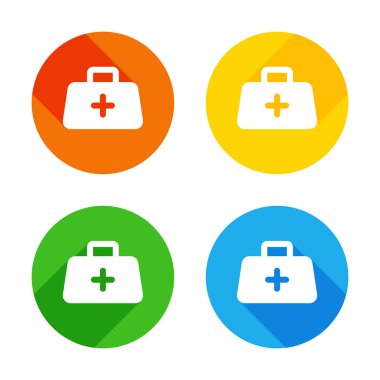ilk yardım çantası, basit simgesi. Renkli daireler arka plan düz beyaz simgesi. Dört farklı uzun gölgeler her köşe