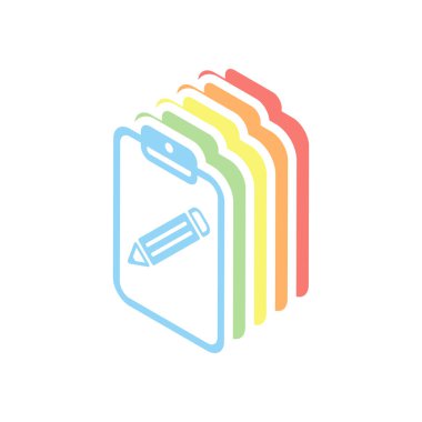 Tablet, kağıt ve kalem. Beyaz arka plan üzerinde renkli izometrik simgeler yığını