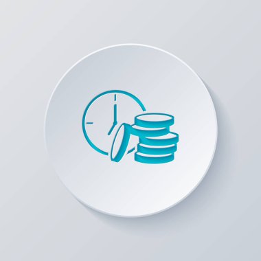 Vakit nakittir. Saat ve para yığını. Finans simgesi. Gri ve mavi katmanları ile daire kes. Kağıt tarzı