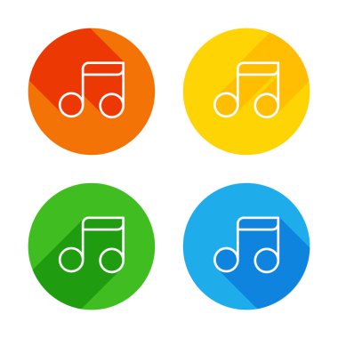 Basit müzik notu. Doğrusal simgesi, ince anahat. Renkli daireler arka plan düz beyaz simgesi. Dört farklı uzun gölgeler her köşe