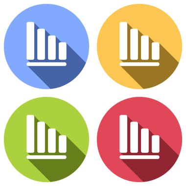 Azalan grafik hat simgesi. Mavi, turuncu, yeşil ve kırmızı renkli daireler uzun gölge ile beyaz simgeler kümesi. Etiket tarzı