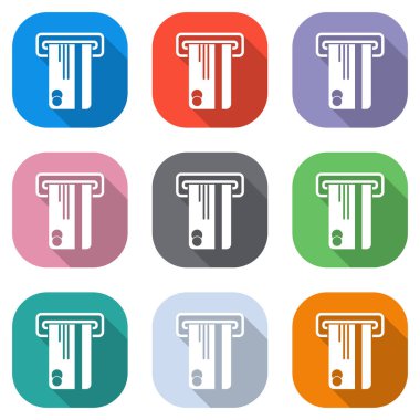 ATM makine ve kredi kartı simgesi. Beyaz simgeleri uygulamalar için renkli kareler olarak ayarlayın. Sorunsuz imkanı ve desen poster için