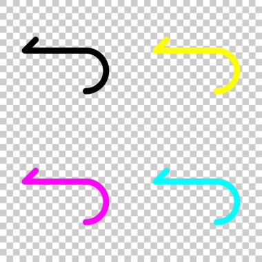 Basit ok, geriye doğru. Gezinti simgesi. Doğrusal sembolü ile ince bir çizgi. Bir çizgi stili. Cmyk simgeleri şeffaf arka plan üzerinde renkli dizi