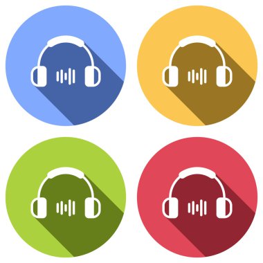 Kulaklık ve müzik dalgası. Orta ses düzeyi. Basit simgesi. Mavi, turuncu, yeşil ve kırmızı renkli daireler uzun gölge ile beyaz simgeler kümesi. Etiket tarzı