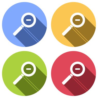 Simge zoom. Mavi, turuncu, yeşil ve kırmızı renkli daireler uzun gölge ile beyaz simgeler kümesi. Etiket tarzı