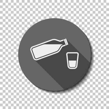 şişe su kabarcıkları ve cam bardak ile. basit simgesi. Saydam arka plan üzerinde bir dairede uzun gölge beyaz düz simgesi. Rozet veya etiket stili