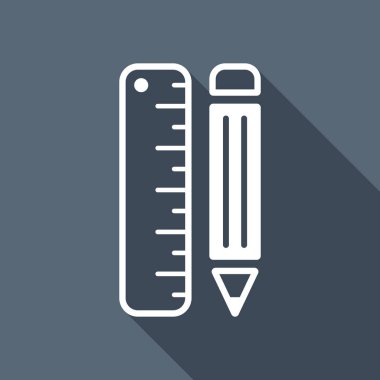 cetvel ve kalem basit sembolü. Uzun Gölge arka plan üzerinde beyaz düz simgesi