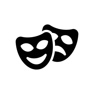 Gülümseme ve üzgün maskeleri, komedi ve Dram Tiyatrosu, duygular karşısında. Mutlu ve üzgün yüzlerle simgesi. Beyaz arka planda siyah simgesi