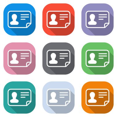 Kimlik kartı simgesi. Kimliği profil. Beyaz simgeleri uygulamalar için renkli kareler olarak ayarlayın. Sorunsuz imkanı ve desen poster için