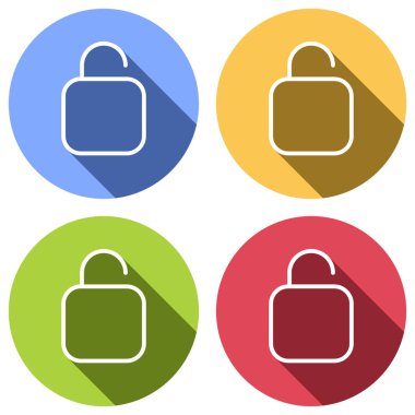 Basit kilidini. Doğrusal, ince anahat. Mavi, turuncu, yeşil ve kırmızı renkli daireler uzun gölge ile beyaz simgeler kümesi. Etiket tarzı