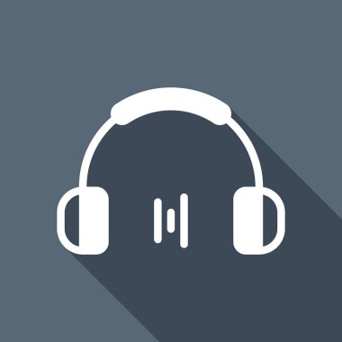 Kulaklık ve müzik dalgası. Dk ses seviyesini. Basit simgesi. Uzun Gölge arka plan üzerinde beyaz düz simgesi