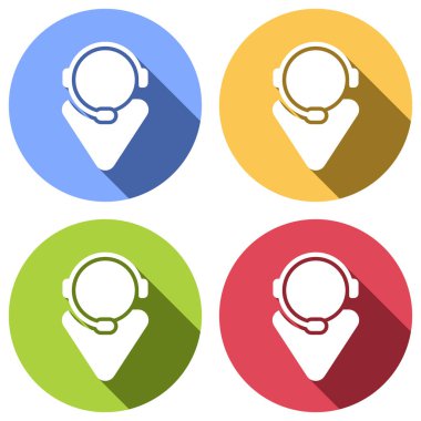 Müşteri Hizmetleri. servisini destekleyen. basit simgesi. Mavi, turuncu, yeşil ve kırmızı renkli daireler uzun gölge ile beyaz simgeler kümesi. Etiket tarzı