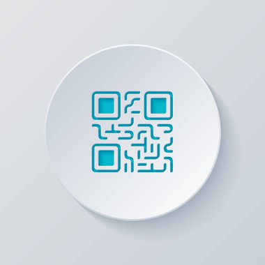 QR kodu. Teknoloji simgesi. Gri ve mavi katmanları ile daire kes. Kağıt tarzı