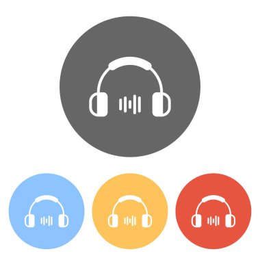 Kulaklık ve müzik dalgası. Orta ses düzeyi. Basit simgesi. Renkli daireler üzerinde beyaz simgeler kümesi