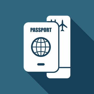 pasaport, uçuş kartı. Hava seyahat kavramı. Uzun Gölge arka plan üzerinde beyaz düz simgesi