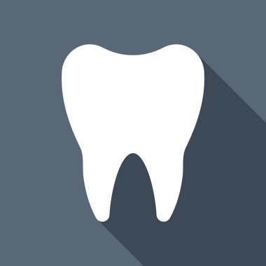 Diş silüeti. Basit simgesi. Uzun Gölge arka plan üzerinde beyaz düz simgesi