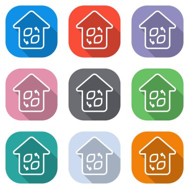 Eko ev. Kavramı logo. İnce anahat ile basit doğrusal simgesi. Beyaz simgeleri uygulamalar için renkli kareler olarak ayarlayın. Sorunsuz imkanı ve desen poster için