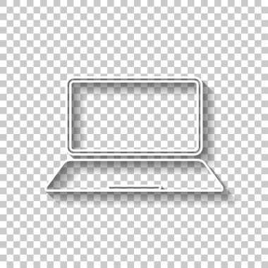 Laptop ya da defter bilgisayar kutsal kişilerin resmi. Gölge şeffaf arka plan üzerinde beyaz anahat işaretiyle