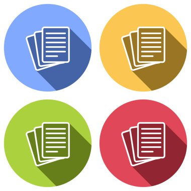 Kağıt yığını simgesi. Mavi, turuncu, yeşil ve kırmızı renkli daireler uzun gölge ile beyaz simgeler kümesi. Etiket tarzı