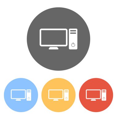 Kişisel bilgisayar, pc. Sistem birimi ve monitör. Renkli daireler üzerinde beyaz simgeler kümesi
