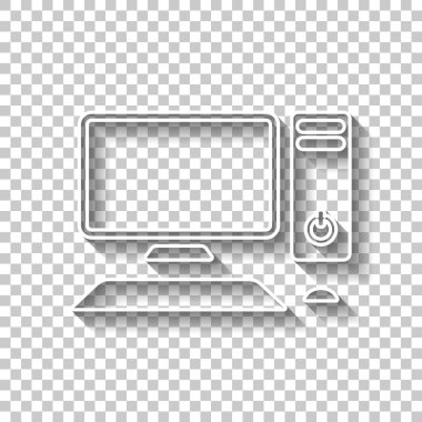Kişisel bilgisayar, pc. Sistem birimi, monitör, klavye ve fare. Gölge şeffaf arka plan üzerinde beyaz anahat işaretiyle