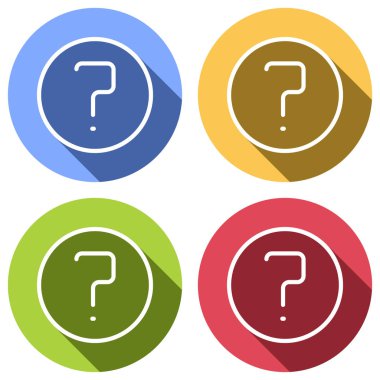 Daire basit bir soru. Doğrusal, ince anahat. Mavi, turuncu, yeşil ve kırmızı renkli daireler uzun gölge ile beyaz simgeler kümesi. Etiket tarzı