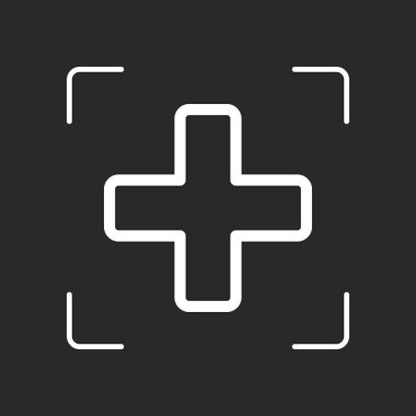 Tıbbi çapraz simgesi. Beyaz nesne kamera otomatik odaklama koyu arka plan üzerinde