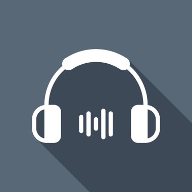 Kulaklık ve müzik dalgası. Orta ses düzeyi. Basit simgesi. Uzun Gölge arka plan üzerinde beyaz düz simgesi