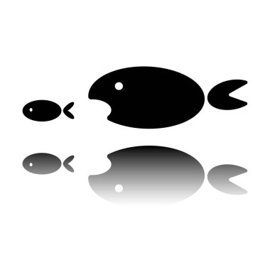 Balık yeme yumruk. Siyah beyaz arka plan ayna yansıması simgesiyle