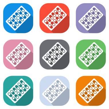 Paketi hapları simgesi. Beyaz simgeleri uygulamalar için renkli kareler olarak ayarlayın. Sorunsuz imkanı ve desen poster için