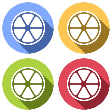 limon dilimi simgesi. Mavi, turuncu, yeşil ve kırmızı renkli daireler uzun gölge ile beyaz simgeler kümesi. Etiket tarzı