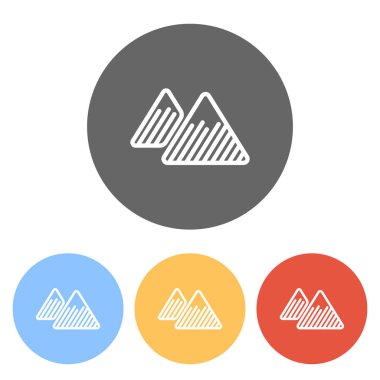 Dağlar simgesi. İnce anahat doğrusal stiliyle. Renkli daireler üzerinde beyaz simgeler kümesi