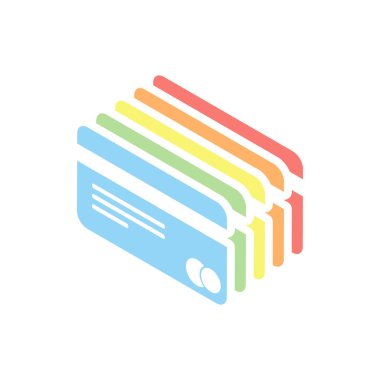 Plastik kredi kartı simgesi. Beyaz arka plan üzerinde renkli izometrik simgeler yığını